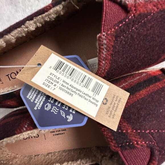 Toms Alpargata Leather Wrap Red Plaid Slip-On Shoes Faux Shearling Lined Flats 7 - Picture 2 of 2